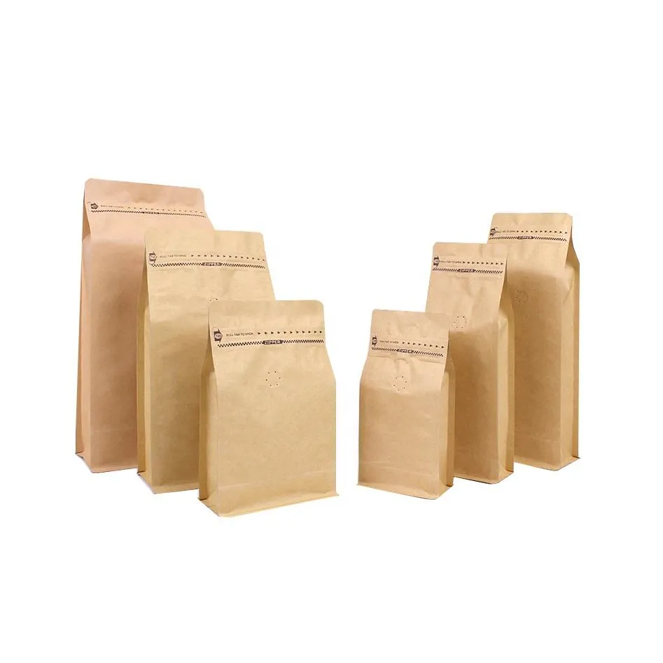 Custom 8-Side Seal Kraft Paper Bags with One-Way Valve and Zipper for Nuts and Coffee Beans