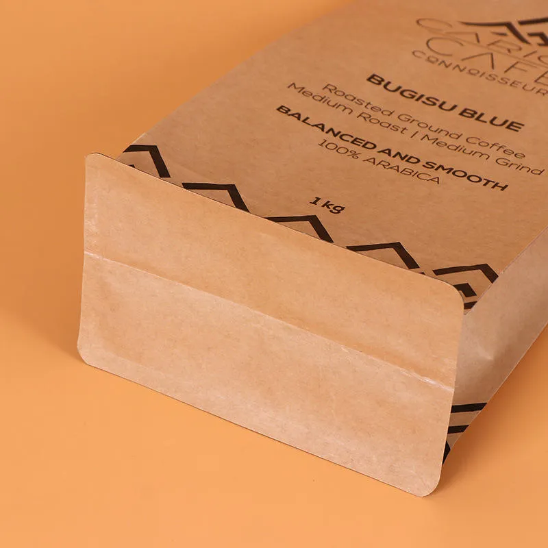 Custom Printed Eight Side Seal Flat Bottom Bags with Valve and Zipper for Coffee Beans and Food, 250 g to 2 kg