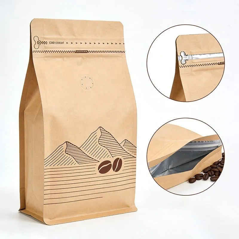 Aluminium Foil Lined Recycled Kraft Paper Coffee Bean Bag, Resealable Flat Bottom with Valve, 250 g, 500 g, 1 kg