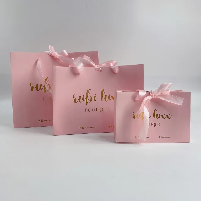 Custom Logo Luxury Pink Cardboard Shopping Paper Bag with Handles and Bow